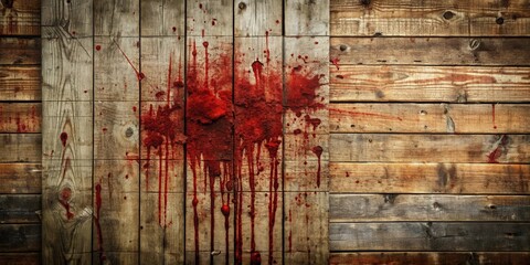 A bloody mess splattered on rustic wooden planks, dripping and staining the surface with a stark contrast of crimson on brown