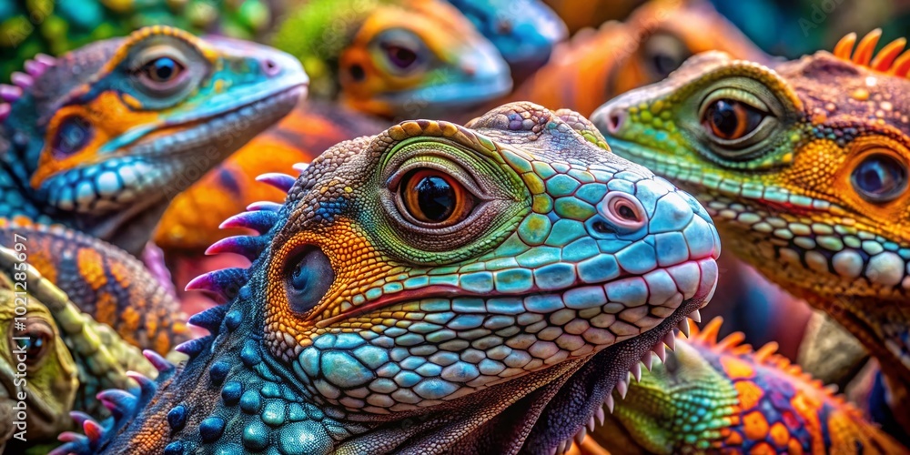 Poster close-up of colorful lizard faces with intricate patterns and textures in natural habitat setting