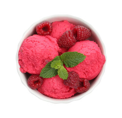 Delicious raspberry sorbet, fresh berries and mint in bowl isolated on white, top view