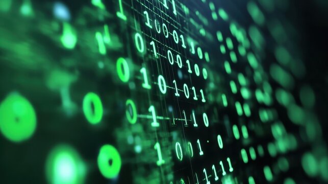 Green Binary Code Background with Cascading Numbers
