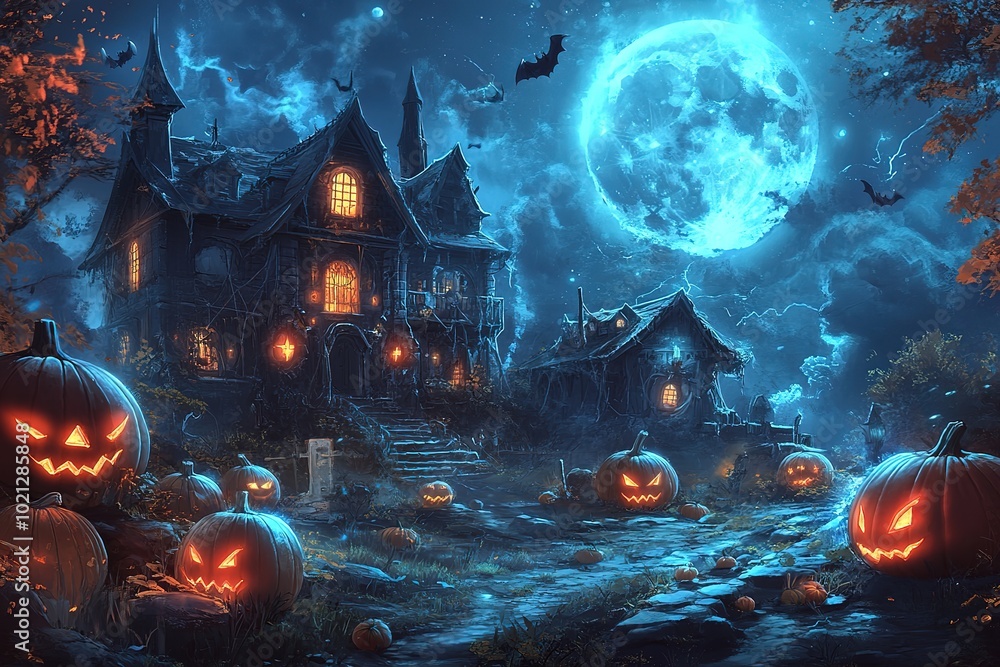 Wall mural halloween night background with a haunted house, pumpkins, and a full moon. cartoon illustration of 