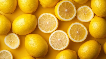 Top view of whole and sliced lemons on yellow background.