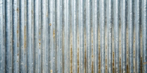 A close-up of weathered corrugated metal with visible rust streaks and a faded silver sheen