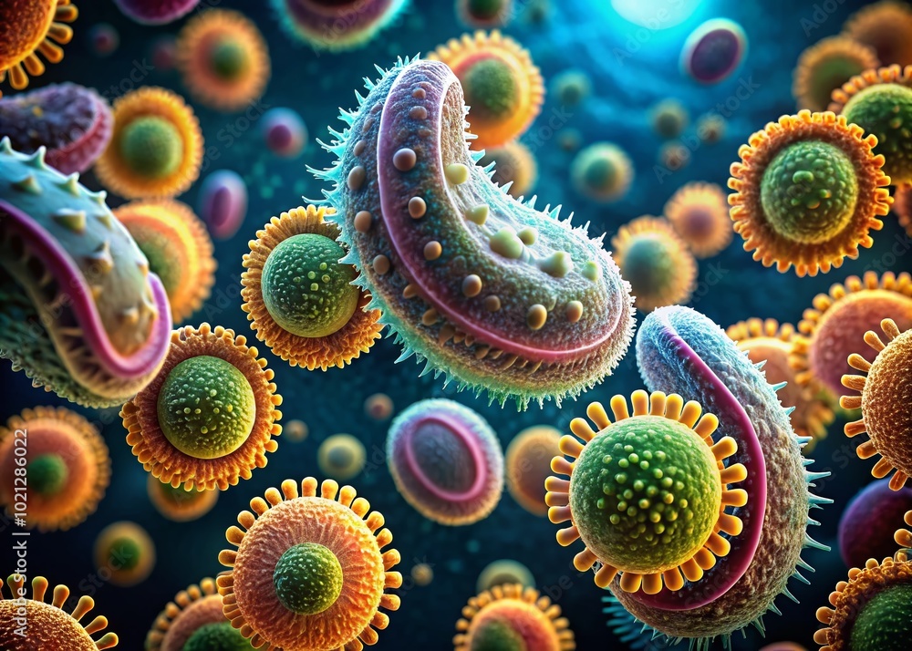 Poster close-up of comma-shaped bacteria under microscope showing distinctive curved structure and texture