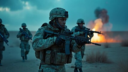 Soldiers in Combat Gear with Rifles Amidst an Explosion - Powered by Adobe