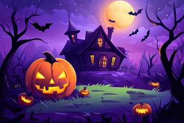 Fototapeta premium Halloween night background with a haunted house, pumpkins, and a full moon. Cartoon illustration of a Halloween-themed color style