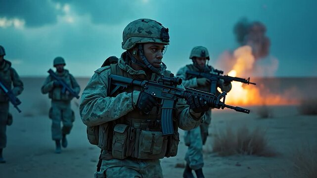 Soldiers in Combat Gear with Rifles Amidst an Explosion