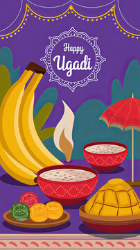 Happy Ugadi celebration with bananas, sweet pudding, and a traditional offering.