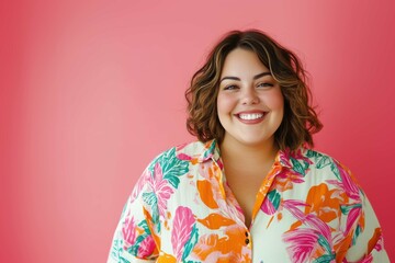 A joyful, confident Plus-Size woman with a bright, colorful floral shirt, set against a vibrant pink backdrop.