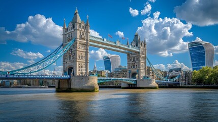 Obraz premium Tower Bridge in London, England, with a blue sky and white clouds.