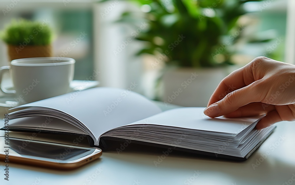 Poster a hand is flipping through the pages of an open notebook on a table beside a cup of coffee and a sma