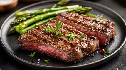 A plate of perfectly cooked steak with a side of apsara