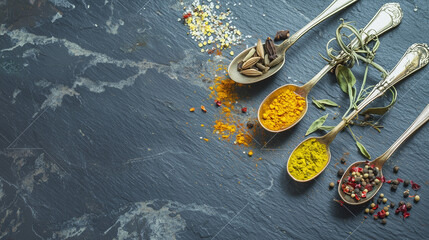 A variety of spices arranged on antique forks.