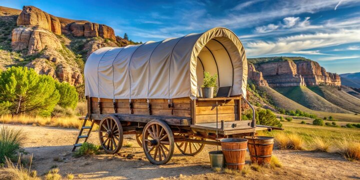 A wooden covered wagon with a canvas top sits in front of a landscape of rolling hills and a blue sky with clouds