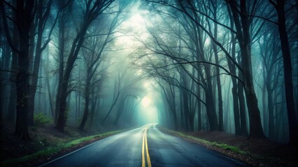 A Winding Road Through a Mysterious Forest, Bathed in a Mystical Fog, Leading to a Distant Light