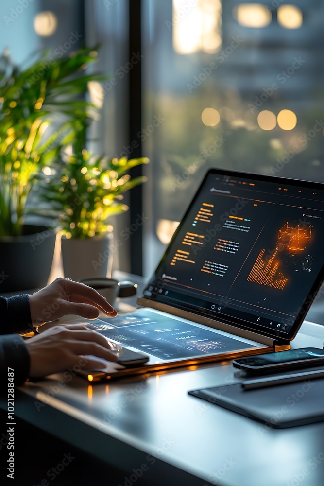 Poster a person working on a laptop, analyzing data and coding, with plants in the background and dim ambie