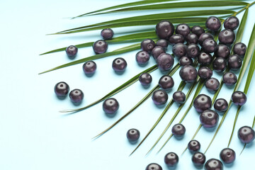 Ripe acai berries and palm leaves on light blue background