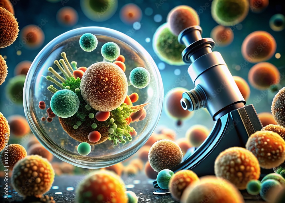 Poster close-up view of cocci bacteria under microscope lens in scientific laboratory setting