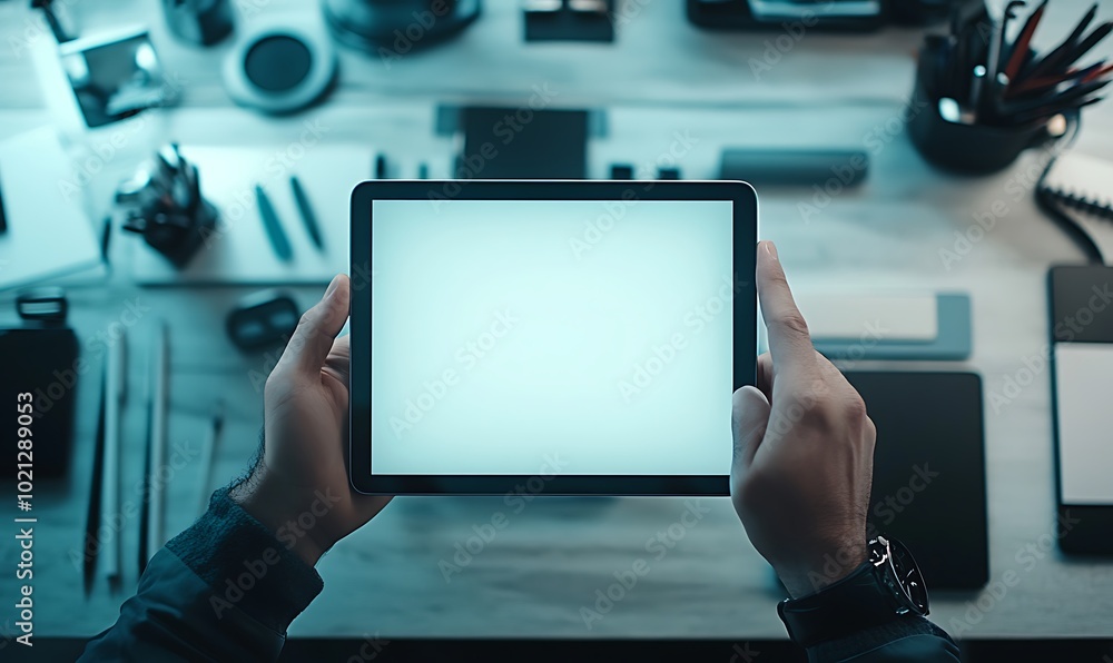 Aufkleber a person holds a blank tablet against a backdrop of various office supplies and tools, creating a mo