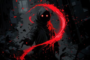 Naklejka premium Dark Figure with Red Glowing Eyes and a Trail of Energy