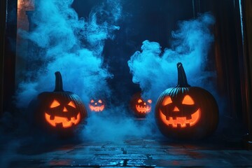 A Halloween pumpkin head with a purple witch hat on a wooden table in a dark room, illuminated by candlelight with smoke around the jack-o'-lantern. Halloween concept. Close-up shot, 4K resolution