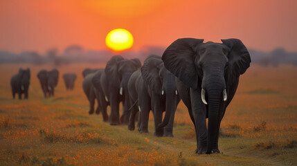 African elephant marching with his herd on an open plain at dawn.