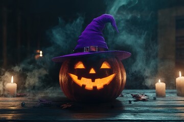A Halloween pumpkin head with a purple witch hat on a wooden table in a dark room, illuminated by candlelight with smoke around the jack-o'-lantern. Halloween concept. Close-up shot, 4K resolution