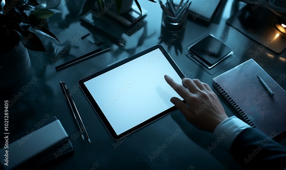 Poster a person interacting with a blank tablet on a desk surrounded by a notebook, smartphone, and station