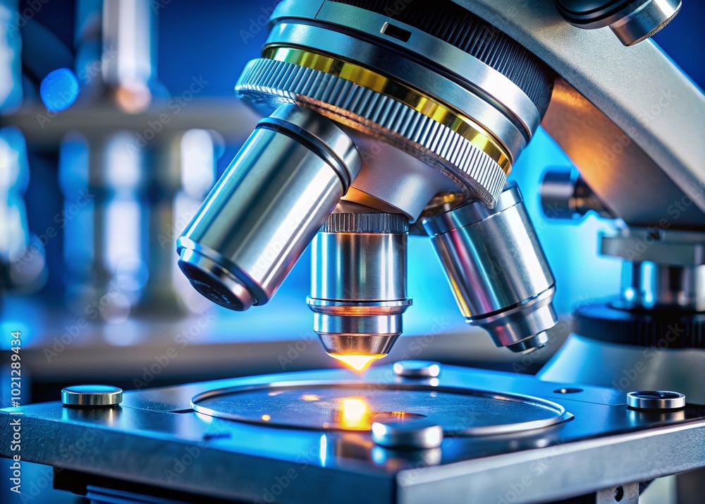 Poster close-up view of microscope lens focusing on sample slide in a laboratory setting for science study