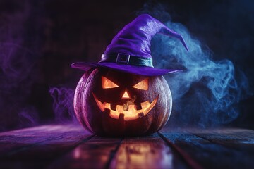 Naklejka premium A Halloween pumpkin head with a purple witch hat on a wooden table in a dark room, illuminated by candlelight with smoke around the jack-o'-lantern. Halloween concept. Close-up shot, 4K resolution
