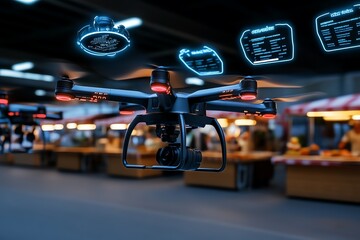 Futuristic depiction of a street food market where drones deliver hot meals to customers in a neon-lit city, with holographic menus floating above the stalls
