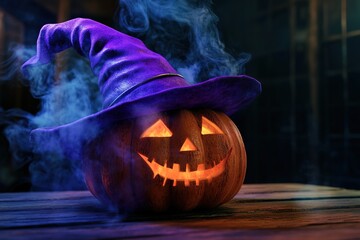Naklejka premium A Halloween pumpkin head with a purple witch hat on a wooden table in a dark room, illuminated by candlelight with smoke around the jack-o'-lantern. Halloween concept. Close-up shot, 4K resolution