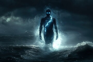 Fototapeta premium A shadowy humanoid figure with glowing eyes emerges from a stormy sea