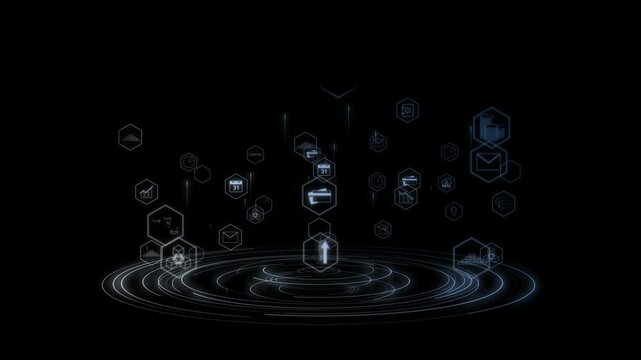 Animated force field model generates upward moving light beams and icons with symbols of human vital needs. Concept of making money. Cg