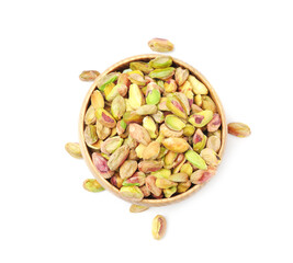 Peeled pistachio nuts in bowl isolated on white, top view