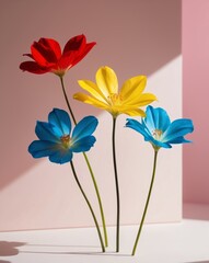 Three Colorful Flowers on Pink Background.