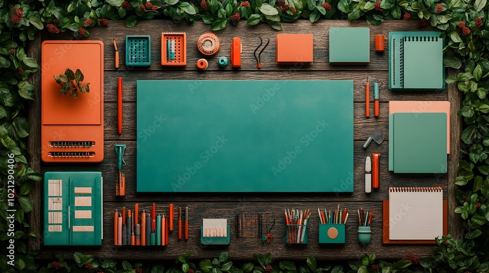 Aufkleber rustic wooden tabletop covered in an array of stationery items writing implements and educational ma