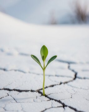 Young green sprout emerging from snowy frozen ground announcing end of winter end beginning of spring season.