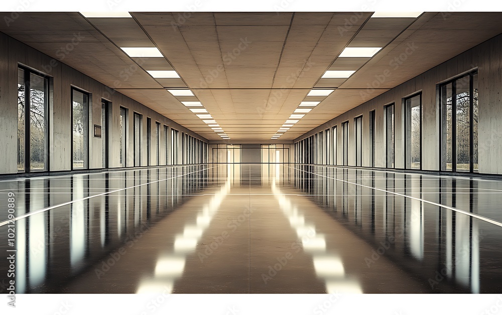 Poster a spacious, modern corridor with polished floors and ample natural light streaming through large win