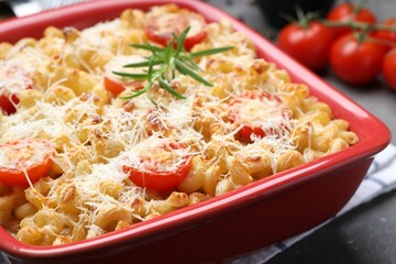 Delicious al forno pasta in baking dish on grey table, closeup