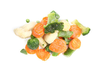 Mix of different frozen vegetables isolated on white, top view