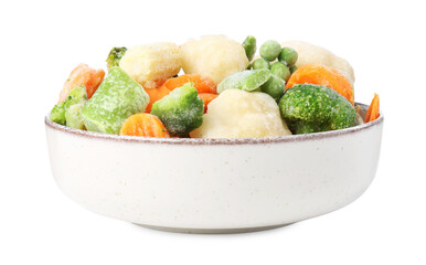 Different frozen vegetables in bowl isolated on white