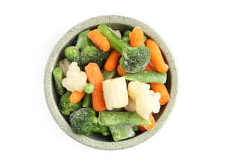 Different frozen vegetables in bowl isolated on white, top view