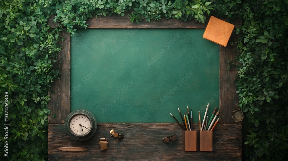 Poster rustic wooden desk featuring an assortment of writing instruments and office accessories placed in f