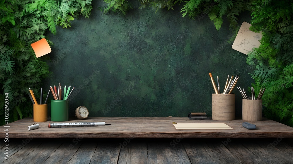 Poster rustic wooden desk featuring an array of writing instruments and office accessories placed in front 