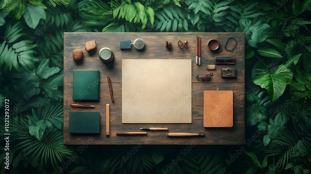 Poster rustic wooden desk featuring an assortment of writing instruments and office accessories placed in f