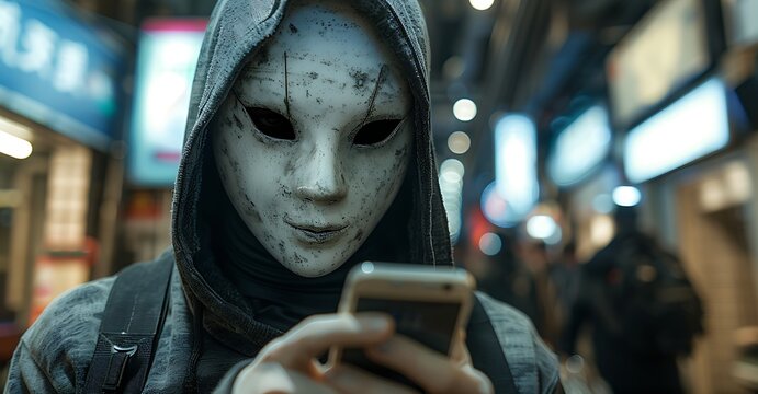 hacker in a white mask and black hoodie is holding a cell phone. Scammer concept. anonymity. AI generated