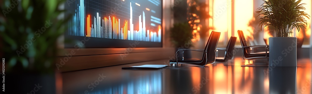 Aufkleber a modern office space with sleek monitors displaying data, illuminated by warm sunset light, complem