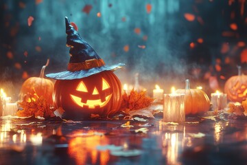 Fototapeta premium Halloween pumpkins with candles, spooky background, Halloween-themed, high-contrast, and warm lighting, photorealistic