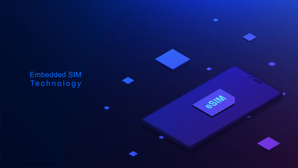 eSIM or Embedded SIM card with smartphone isometric on dark blue background. Mobile device with a chip eSIM for new mobile communication technology concept